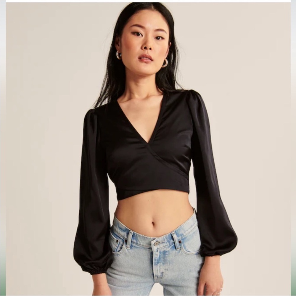 Abercrombie Black Long-Sleeve Satin Wrap Top